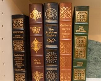 ﻿Easton Press Limited Edition Books: 
Red Bage of Courage $20
The Jungle Book  $20
Gulliver's Travels $25
The Arabian Nights $35
The Time Machine $35
Uncle Tom's Cabin $40
Grimm's Fairy Tales $30
Adventures of Huck Finn $15
The Autobiography of Ben Franklin $25
The Hunchback of Notre Dame $40
She Stoops to Conquer $12
Oedipus the King $25
The Canterberry Tales $20