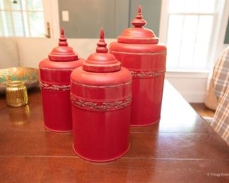 Three Red Metal Canisters. Tallest is 18" $32 for the set