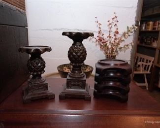 Two Candle Stands, cast resin 5" and 7" tall  $14  Rosewood stands, 4 available. $5 each