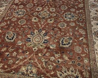 Room size 10x13 wool hand-knotted rug $450    Rust, gold, beige, slate blue, gray, pale green, navy blue, ivory.