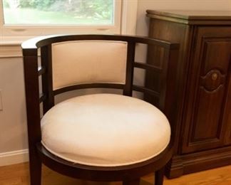 Pair Barrel Chairs with Off-White Microsuede Upholstery  $200
25.5 x 23.5 x 30