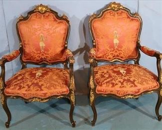 040a Pair of French saloon chairs, unusual upholstery has stitched genie, 40.5 in. T 25.5 in. W. 20 in. D.