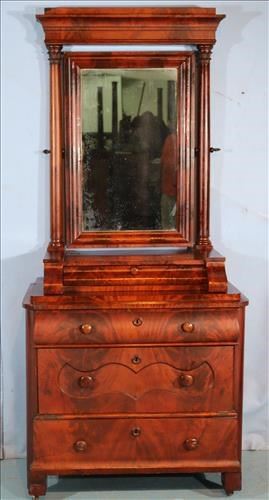 046a Mahogany Empire bachelors dresser with column support on mirror and hidden drawer, ca. 1850, 80 in. T, 36 in. W, 21 in. D.