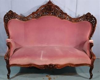 065a Rosewood rococo Meeks parlor sofa, Hawkins pattern from Rattle and Snap 1840s plantation, 50 in. T, 65 in. L, 23.5 in. D.