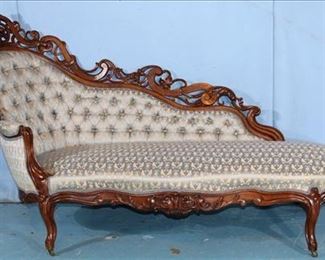 072a Rosewood rococo bird pattern Recamier with teal blue bird pattern upholstery in excellent condition, from Rattle and Snap plantation, 43.5 in. T, 71 in. L, 22.5 in D.