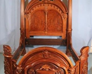 074a Walnut Victorian high back bed with great carving attrib. to Mitchell and Rammelsberg. 58 in. W, 77 in. L, 93 in. T.