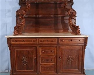 085a Walnut Victorian marble top sideboard with fruit carving on support arms, Attrib. to A. Roux, 80 in. T, 56 in. W, 26 in. D.  