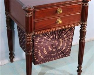 093b Mahogany Empire sewing stand with thread drawers and cookie corners, 30 in. T, 22 in. Sq.  