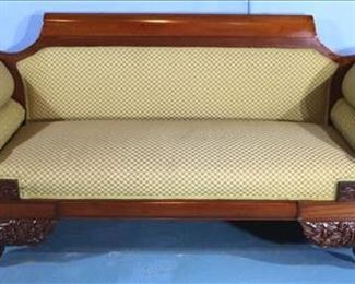 111a Federal sofa with cornucopia, carved arms, claw feet and new gold upholstery, 38.5 in. T, 78.5 in. W, 22.5 in. D.
