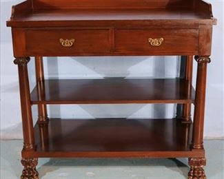115a Mahogany Empire server with large claw feet, 2 drawers and column front, 43 in. T, 46 in. W, 22 in. D.