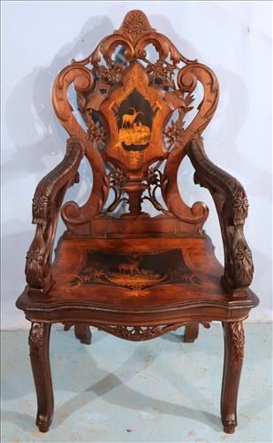 150a Large black forrest walnut Victorian music chair with inlaid deer, lift seat with music box, 47 in. T, 27 in. W, 20 in. D.