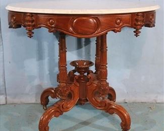 158a Walnut rococo parlor table with white marble and cup finial, attrib. to T. Brooks, 30 in. T, 36 n. W, 26 in. D.
