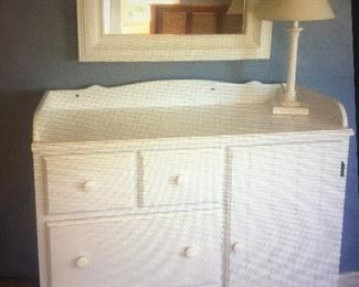 Mirror, lamp, white dresser that can be used as baby changing table or dresser 