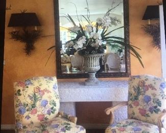 Custom chairs, gorgeous and unique wall sconces, mirror, table, faux plant potter. Great prices 