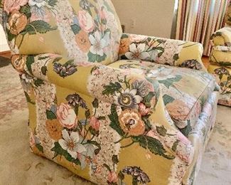 $395 Pair of floral arm chairs with rolled back and arms.  32" W, 31" D, 32" H. 