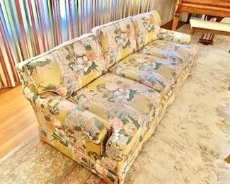 $395 Floral sofa with down back cushions.  84" W, 32" D, 32" H. 