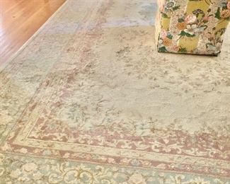 $1,200 12'2" x 21'8" Handmade Indian Aubusson; woven wool; This rug is approximately 75 years old.  We have the appraisal.  AS IS - a few spots are present
