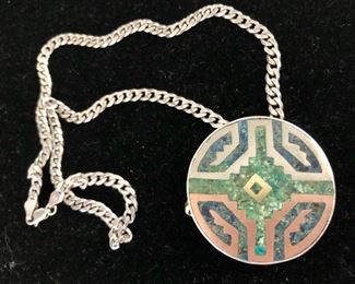 $100 Mexico  hallmarked sterling pendant on large sterling silver chain Chain 20" Pendant 1.75 inches in diameter