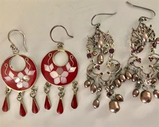$15 Each long dangle earrings red mother of pearl enamel , silver tone drop earrings 
