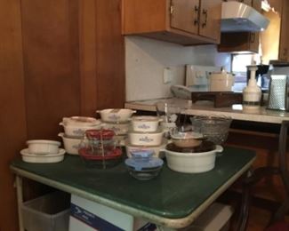 Corningware, bowls, trifle.   Also Corelle dish set, glass cups, mugs,  and candlestick sets, salt and pepper sets.