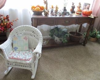 child's wicker rocker, sofa table & decorations