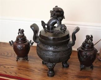 Oriental bronze censer and pair lidded jar - foo dogs