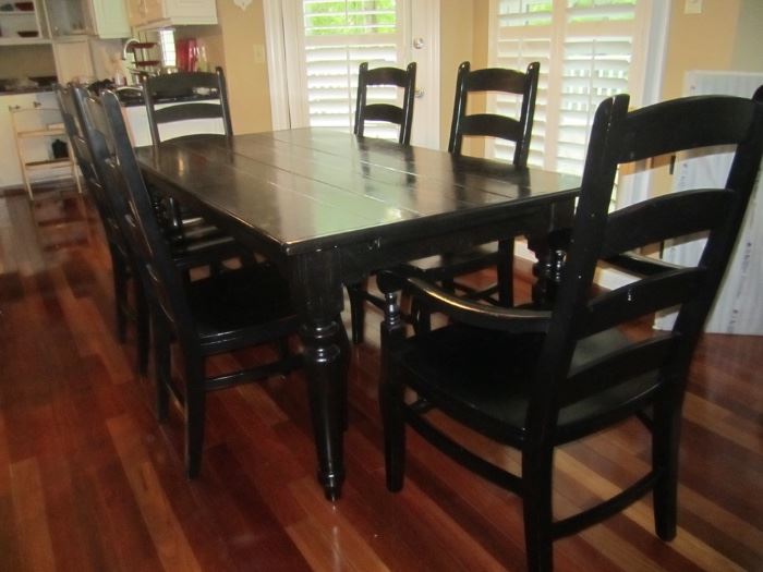 POTTERY BARN BLACK TABLE WITH 2 END LEAVES AND 8 CHAIRS AND 2 ARM CHAIRS