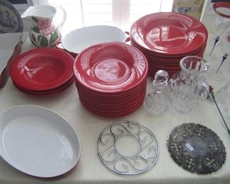 RED POTTERY BARN PLATES AND PASTA BOWLS