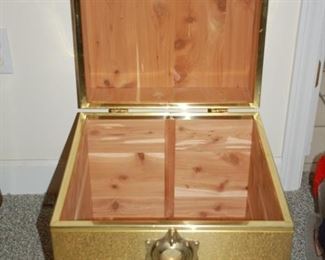 Small brass cedar chest, 16" W x 16" D x 16" H
