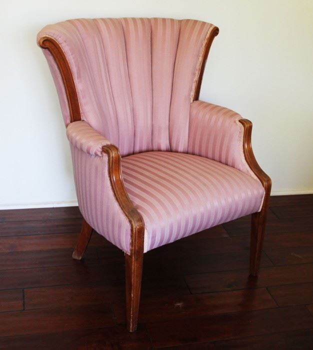 #22. $150.00. Tufted back 40s pink chair 36”h  X 31.5”w X 27”d