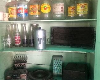 Vintage bottles and kitchen items 