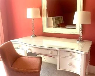 white desk by Stanley & pink chair by West Elm