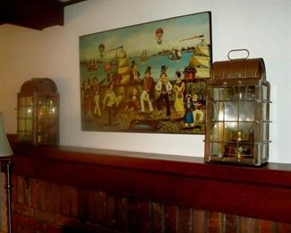 Vintage painting and carriage lamps.