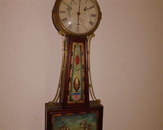 Very rare Jesse T Smith, Salem Mass. banjo clock about 1816. with ship reverse paintings and American flag. In running condition!!