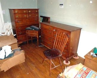 All solid cherry Stickley mid century dresser with mirror, chest of drawers and two drawer stand and antique Windsor side chair. Shown but not up close The complete works of Elbert Hubbard. All signed 1912!!