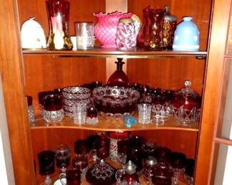 Contents of Solid wild cherry Henkel-Harris corner cabinet including Amberina, ruby glass, satin glass, & etc.