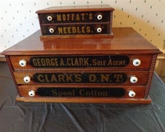 Clark's spool cabinet & a rare Moffat's needle cabinet.
