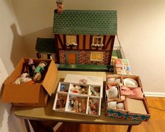Antique doll house, dolls & dishes
