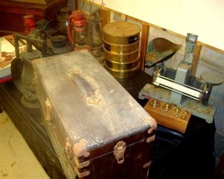 Copper sifters, Mechanics tool box & tools old scale with weights & etc.