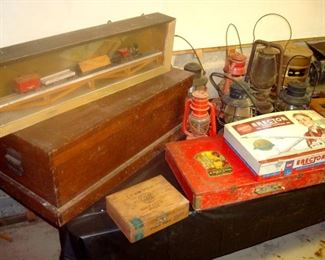 Antique tool box, mounted train, rail road lanterns. antique erector sets.