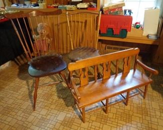 Doll size settle, Period Windsor chairs.