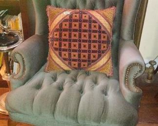 Old Unusual Vintage Birdcage or Cricket Cage,  SOLD - Handsome Green Wingchair, Expensive Pillow, and Floor Carpet.