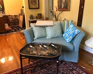 Fabulous tray table, working sconces, lovely settee, needlepoint bell pull