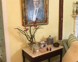 Instant ancestor already framed! Marble topped table.