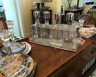 Vintage bar set with liquor names etched on bottles. Original tray.