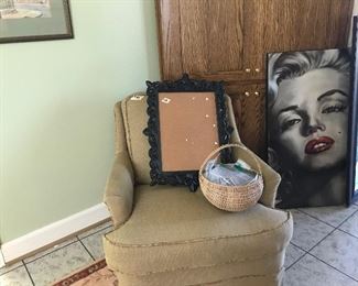 Comfy chair with great neutral upholstery, bulletin board, and Marilyn in Johnston of all places!