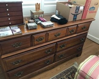 Large nice triple dresser. Shown on top Reed and Barton jewelry box. Lots of storage in both pieces.