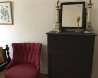 Chest , lamps mirror, nice chair