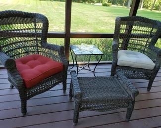 All weather wicker chairs and ottoman 