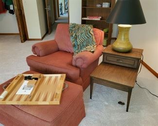 arm chair and ottoman, mid century side table , lamp 